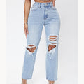 Customized ripped jeans for women,  new fashion high-waisted ripped loose straight-leg washed denim jeans