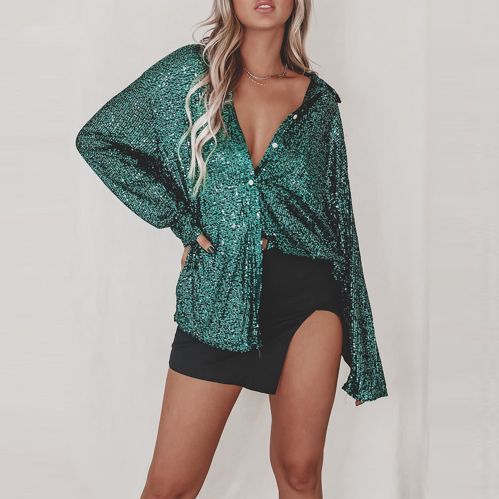 spring/summer new european and american style sequin top, collared long sleeve cardigan, basic cross-border women's blouse jacket