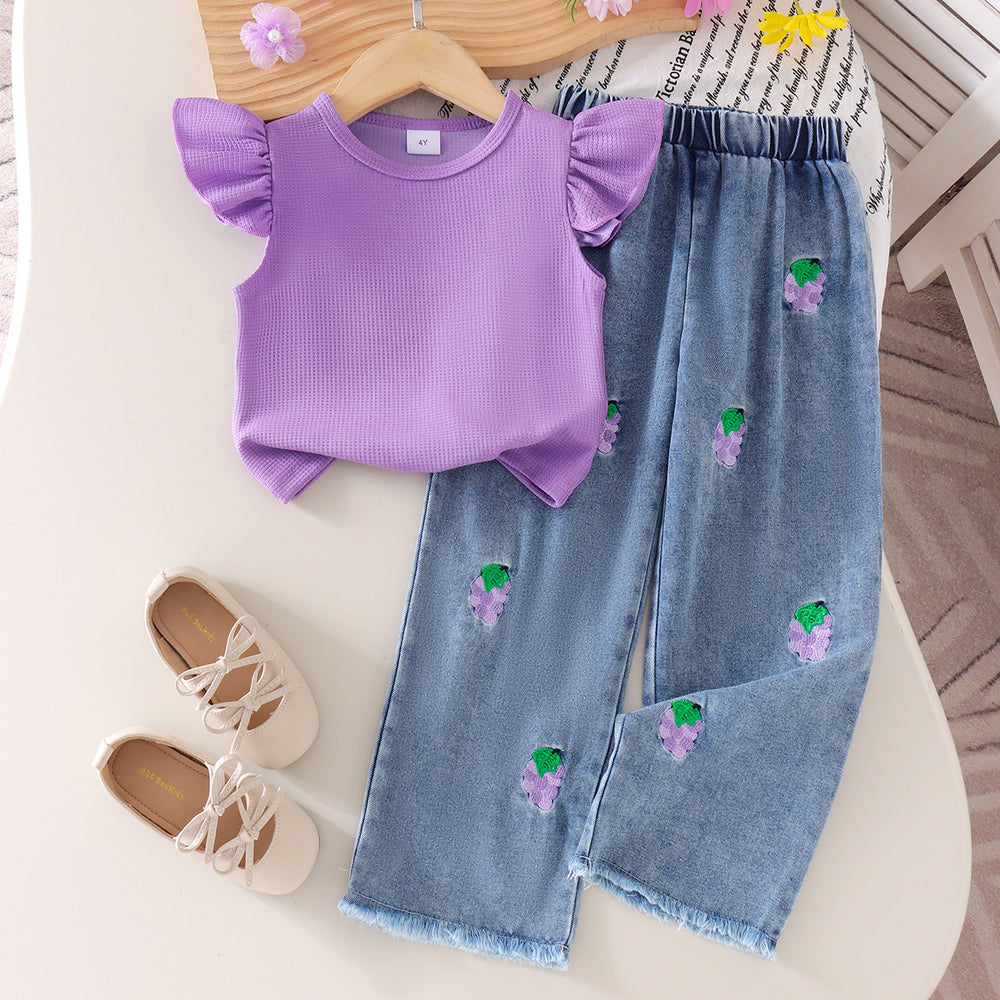 Kids clothing cross-border exclusive iexport fashion children's clothing new arrival children's flying sleeve t-shirt + blue pants
