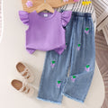 Kids clothing cross-border exclusive iexport fashion children's clothing new arrival children's flying sleeve t-shirt + blue pants