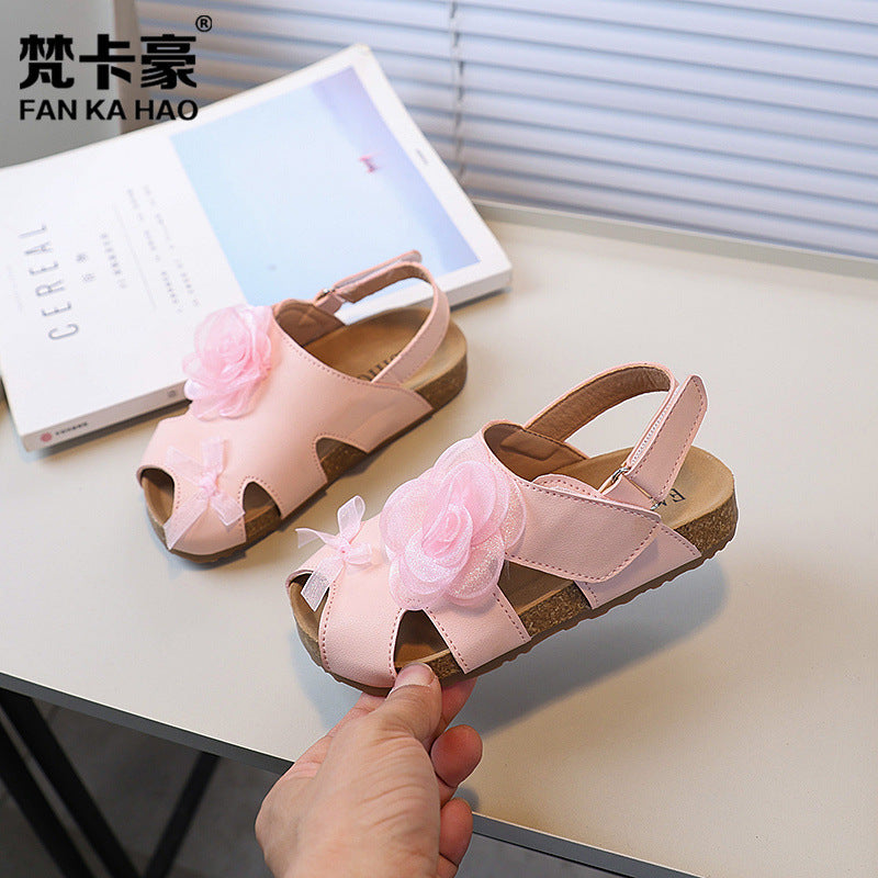 Vancahao niche style design fish mouth birkenstock shoes  summernew arrivalgirl small flower cork sandals beach shoes