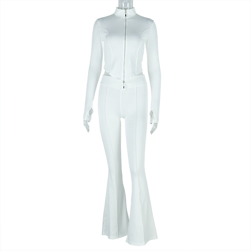 European and American  women's clothing slim-fit pleated zipper solid color open-button pants set long-sleeved stand-up collar loose trousers two-piece set