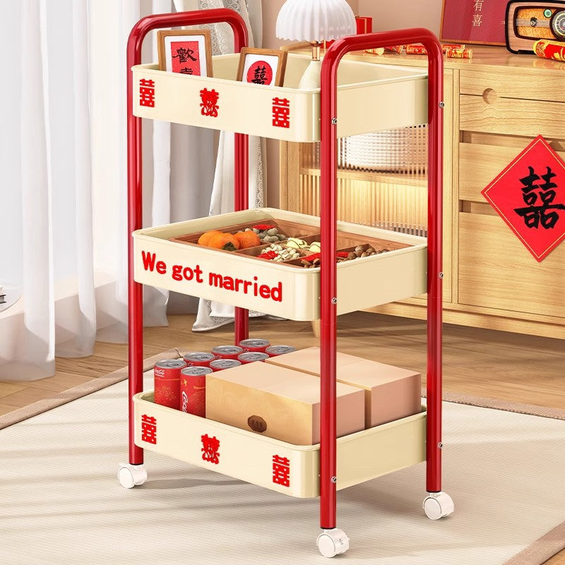 Red trolley rack Wedding household Wedding engagement arrangement Happy New Year's Day Spring Festival Floor storage shelf
