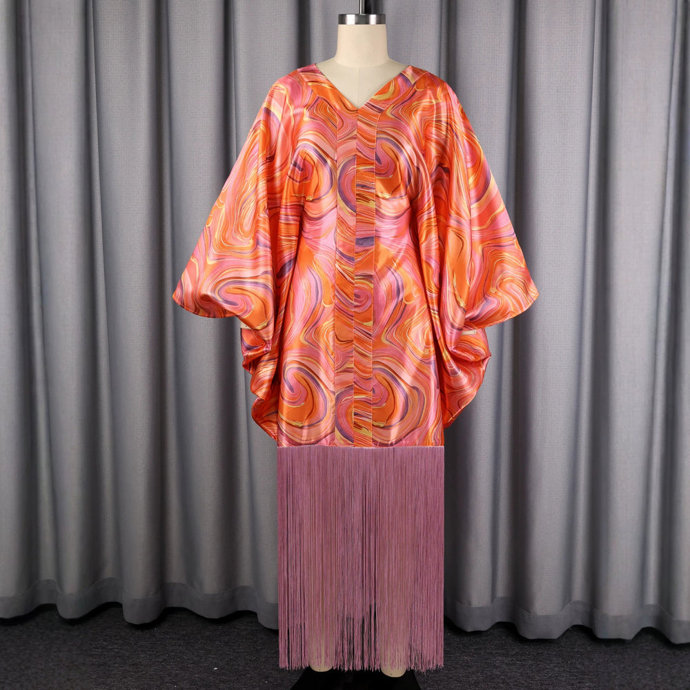 African ethnic print batwing sleeve v-neck dress - designer drawstring waist tassel robe bubu dress
