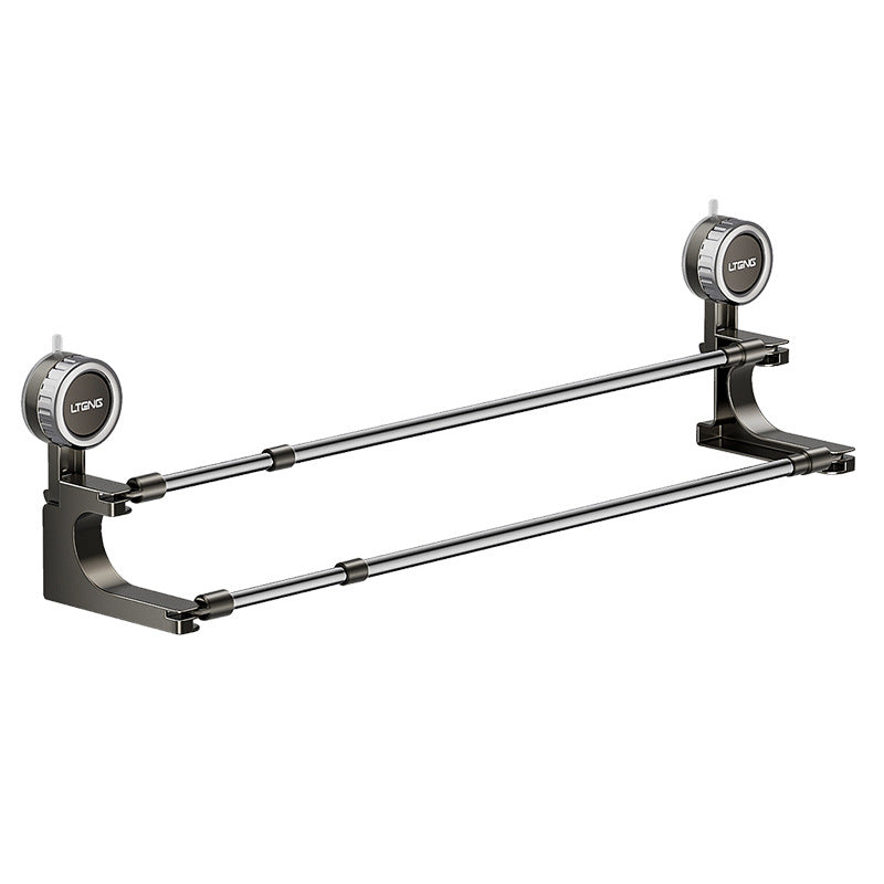 Strong suction cup type double rod rotating telescopic towel rack, no punching wall hanging bath towel storage rack in household bathroom