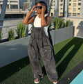 Fashion cross-border women's clothing  ins style stylish street large flap pocket pants loose suspender jeans