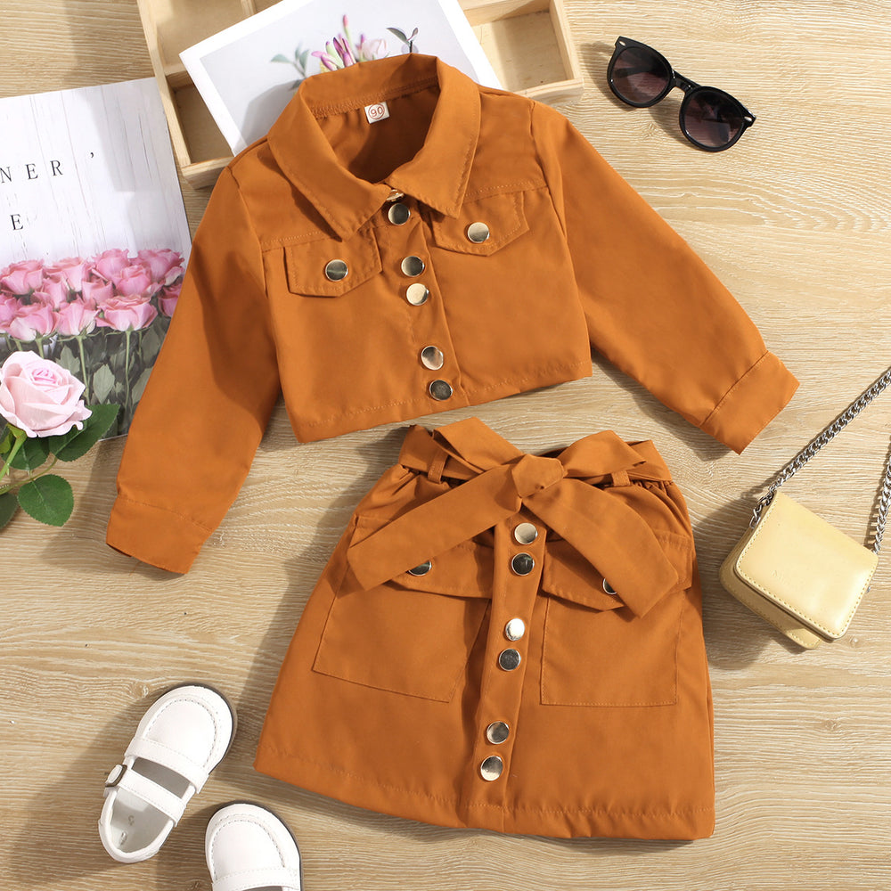 european and american girls' spring/autumn long-sleeved cropped jacket top + bow a-line skirt set - cross-border fashion