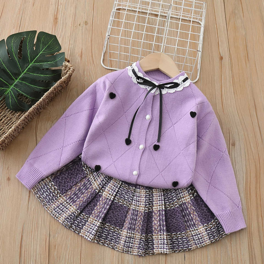 Girls' knit sweater set -  new heart knit sweater korean style tie-up bow soft cardigan two-piece set