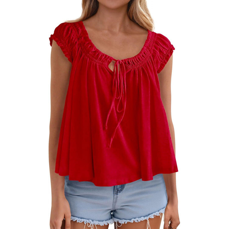 fashioneleganttie backrufflesshirt women's  summer new arrivalfashion pleated tops