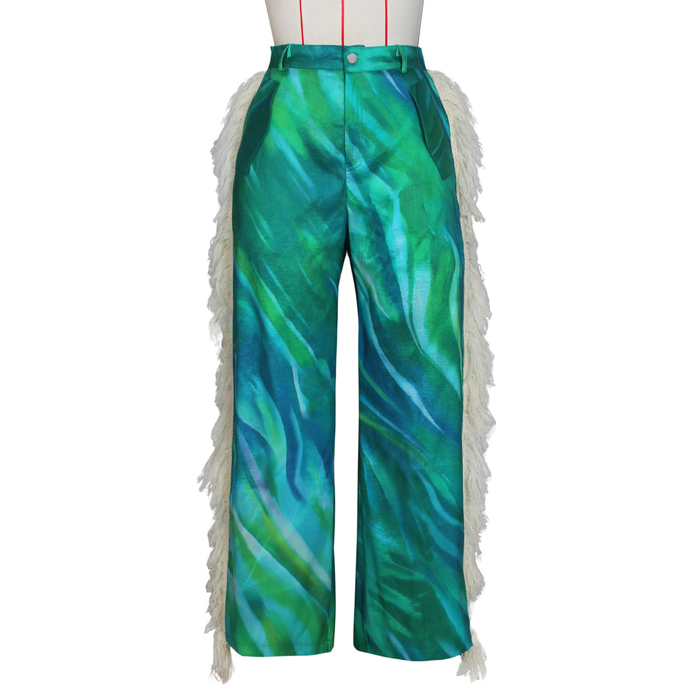 Amazon hot selling european and american women's fashion printed tassel straight-leg casual pants cross-border e-commerce women's trousers