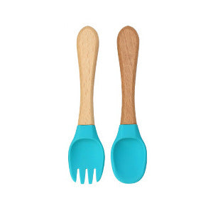 Factory direct sales silicone wooden handle complementary food fork and spoon  baby spoon baby training eating fork and spoon set wholesale