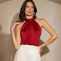 Amazon  european and american cross-border e-commerce summer new satin tank top women's solid color off-shoulder halter tie-up top