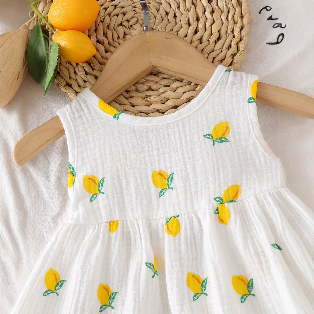 Baby girl lemon print gauze sleeveless ruched tank top with ruffle-trimmed lantern shorts - summer casual outfit