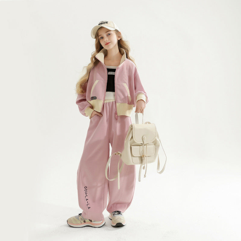 Girls' autumn casual two-piece set:  spring/autumn new arrival, versatile and stylish stand collar jacket with loose-fit pants, autumn outfit