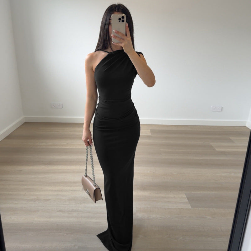 European and american women's clothing  spring new arrival: elegant solid color one-shoulder sleeveless bodycon ruched panel bodycon dress