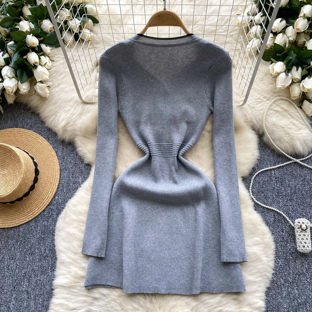 Luxury chic knit dress for women - autumn/winter, slimming waist design, unique and stylish, mature and elegant midi dress