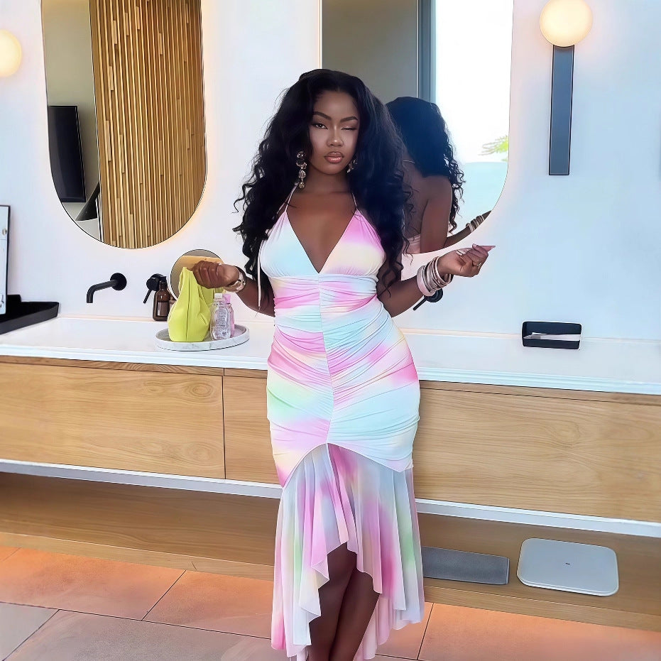 European and american cross-border women's fashion:  early autumn new sleeveless sexy backless slim-fit ruched irregular wave dress