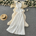 Light mature style strappy waist round neck sleeveless tops + high waistslimming look large swing pleated skirt frenchtwo-piece set