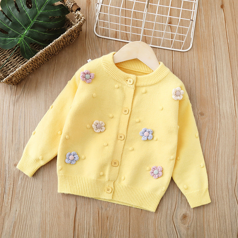 Girls' cardigan knit sweater kids' outerwear  autumn/winter new handmade floral baby girl top