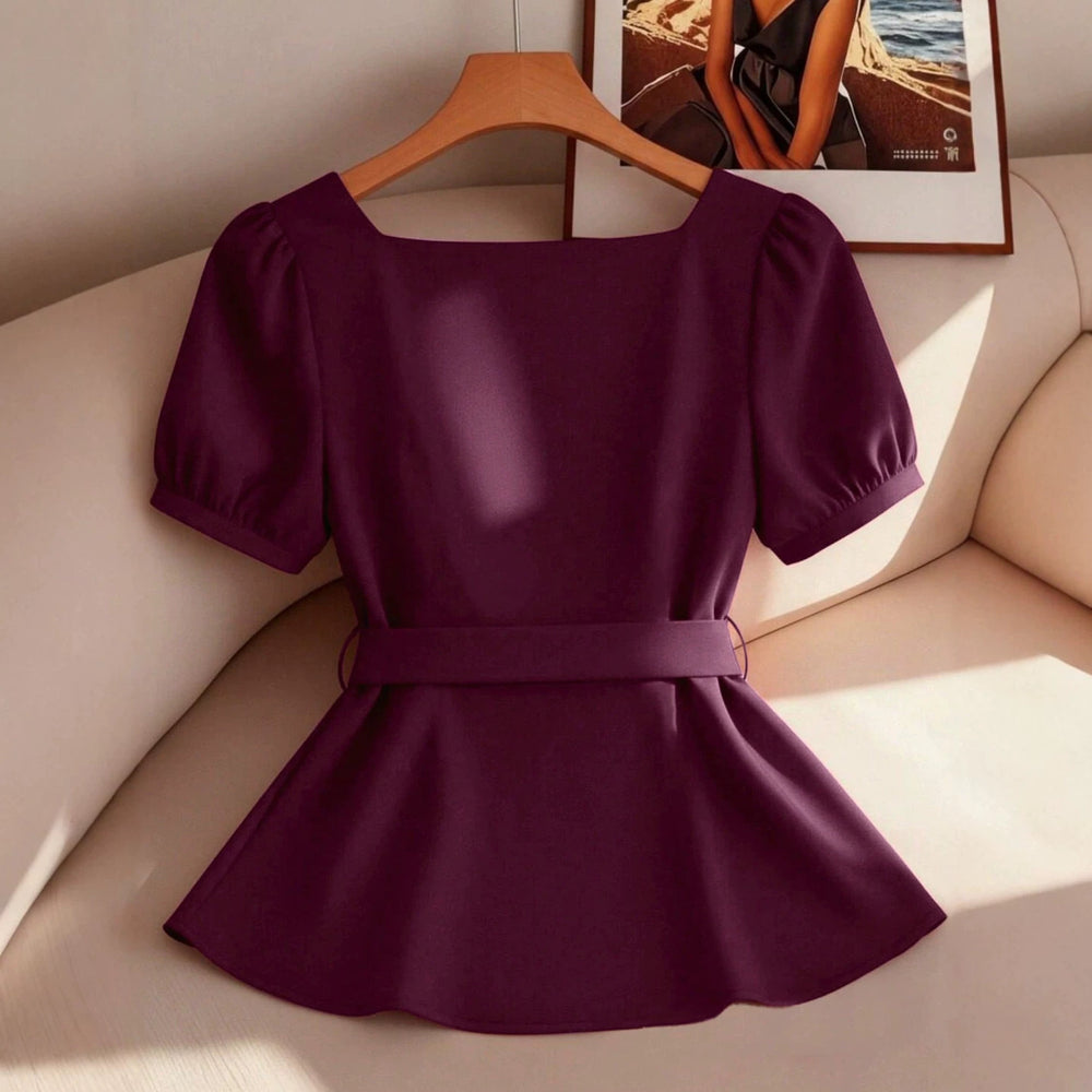 Simple square neck heart-shaped collar solid color blouse with puff sleeves and belted waist – slimming and elegant women's apparel, 1688 source