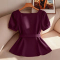 Simple square neck heart-shaped collar solid color blouse with puff sleeves and belted waist – slimming and elegant women's apparel, 1688 source