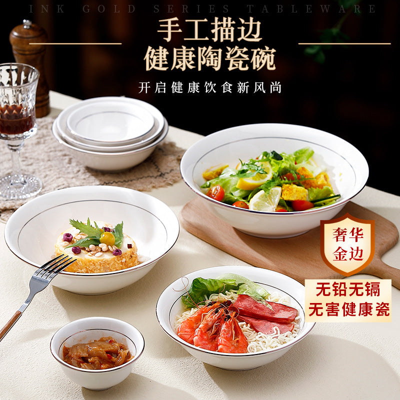 Wholesale gold-rimmed ceramic hat bowl, wing bowl, meat bowl, pure white rice bowl, vegetable bowl, soup bowl, noodle bowl, soup noodle bowl