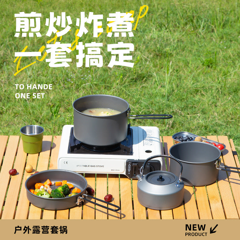 Outdoor cookware set: kettle, frying pan, cooking pot - camping gear, camping cookware, portable foldable cookware for portable stoves (e.g., butane stoves)