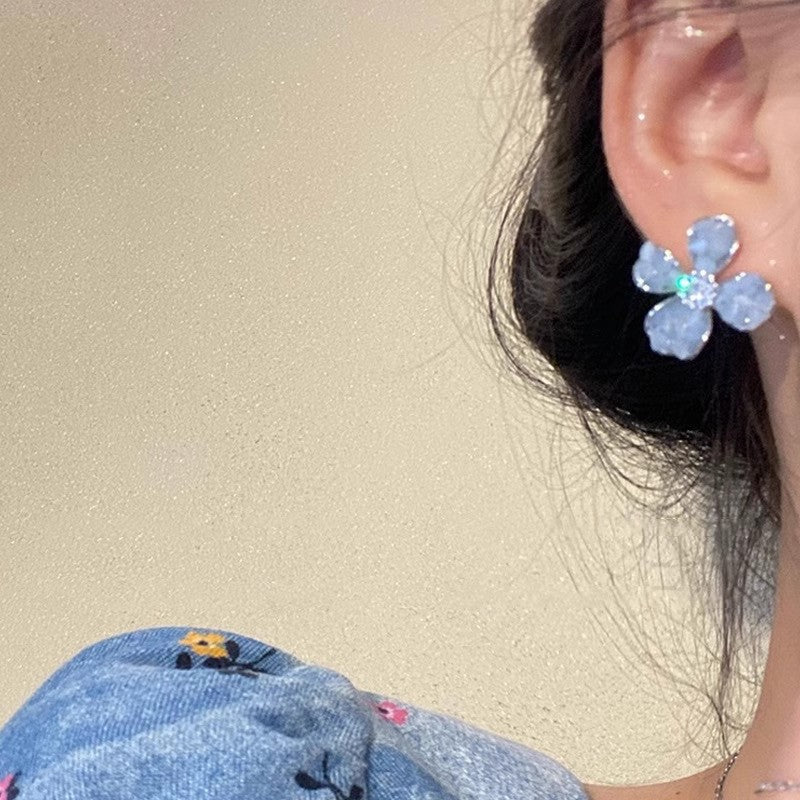 S925 silver needle purple crystal flower earrings women's ins forest style earrings accessible luxurypopular earrings fall and winter high-end sense