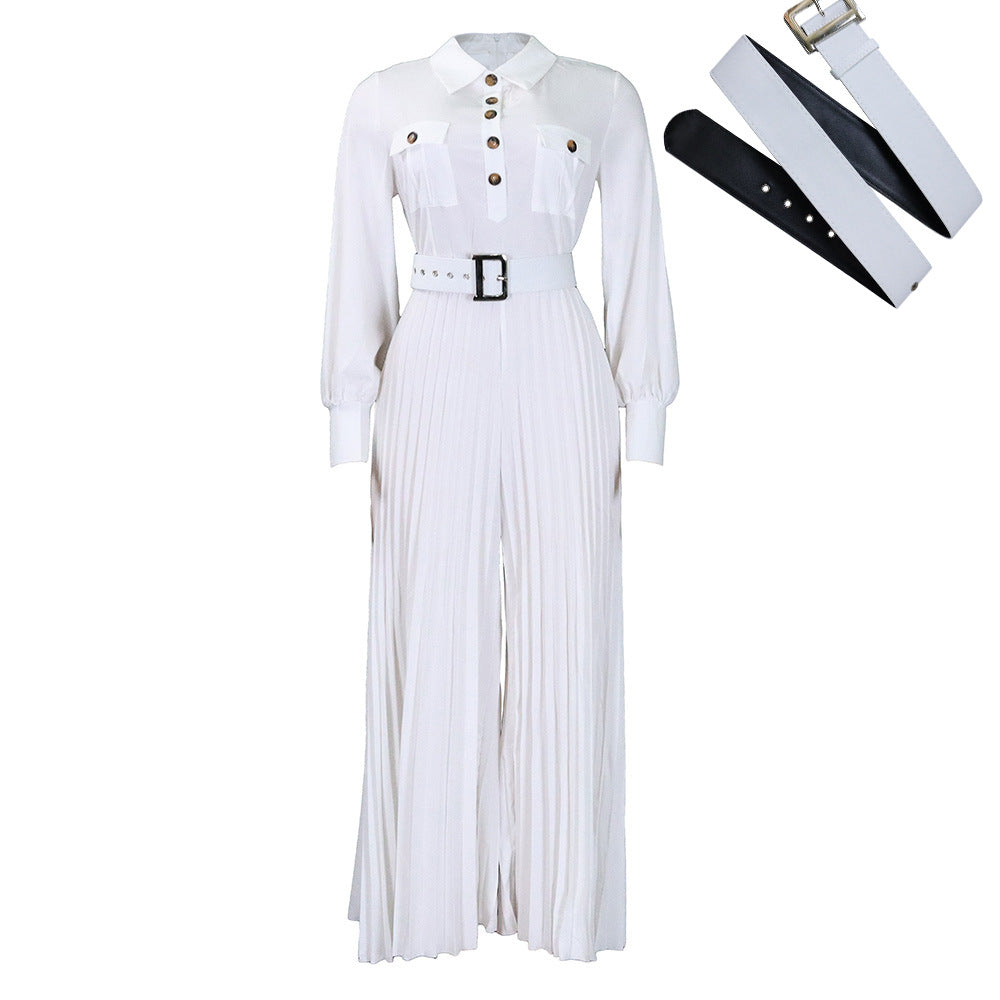 C8504 belted european and american style women's  spring/summer new long-sleeve casual loose pleated wide-leg jumpsuit - export quality