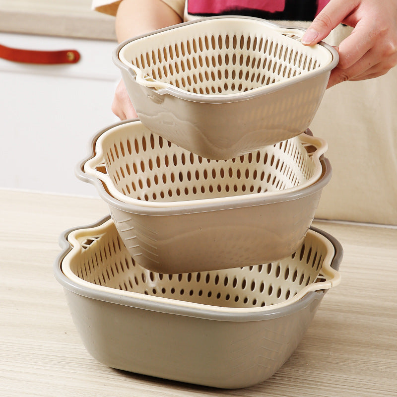 Double-layer vegetable basin drain basket six-piece set kitchen fruit washing tray living room for home square vegetable washing basin vegetable basket