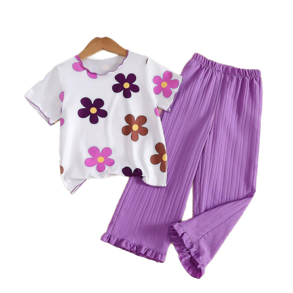 summer girls' colorful floral print short-sleeve outfit - ribbed knit ruffle hem pants, breathable & mosquito-proof two-piece trendy set