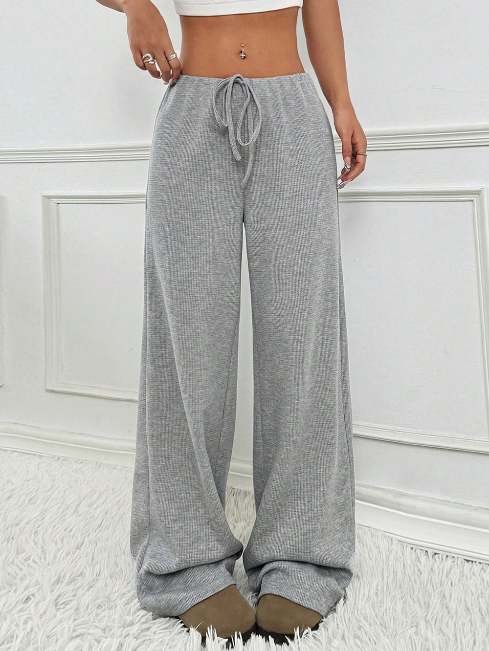 fall/winter  us & european cross-border women's new casual striped solid color elastic drawstring cotton straight-leg pants