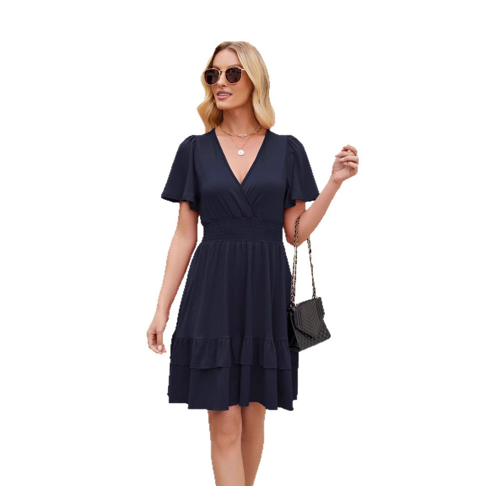 Summer women's elegant ruffle hem flutter sleeve crisscross v-neck casual dress