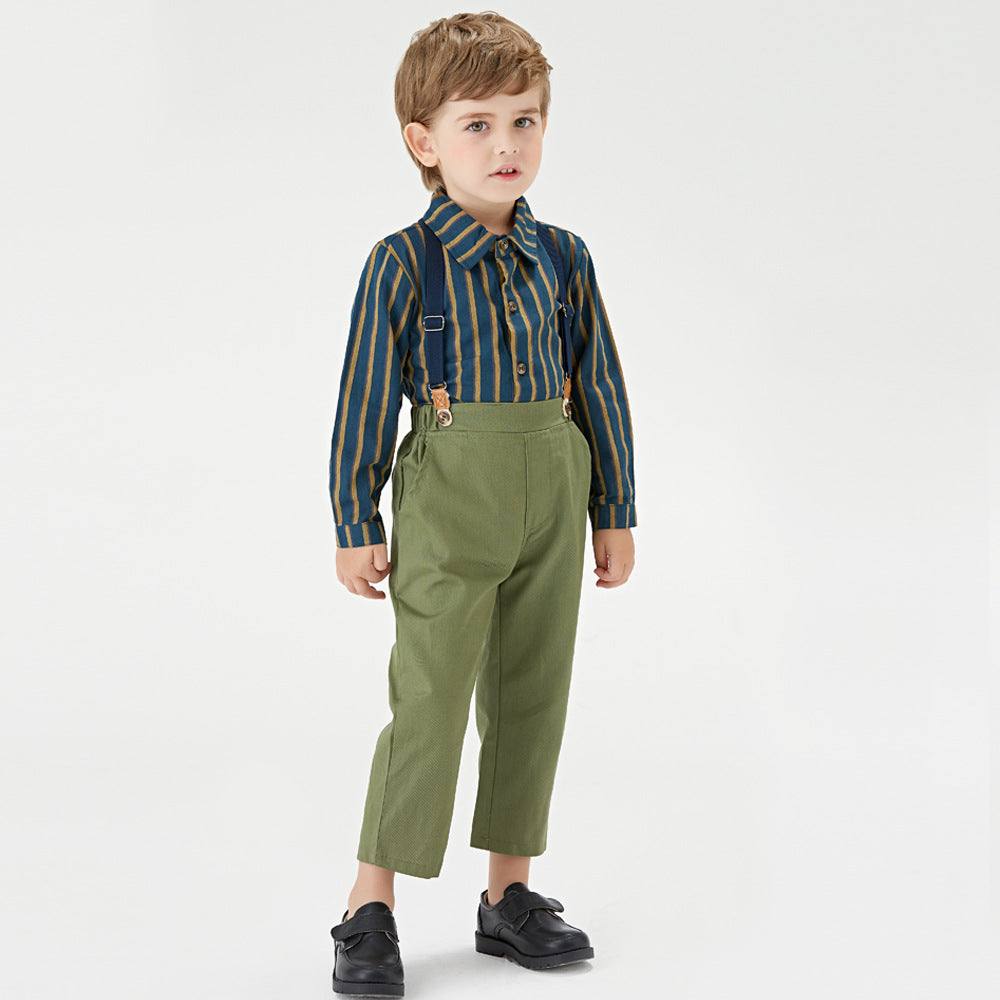 wholesale set: spring/autumn boys' long-sleeve striped turn-down collar shirt & overalls - oem children's formal wear customization