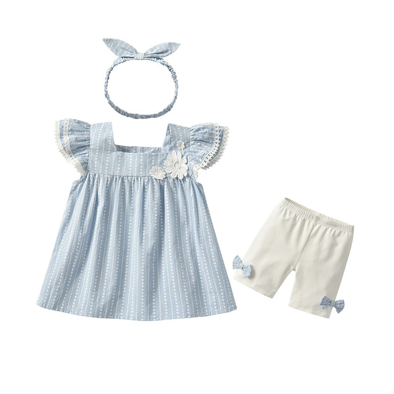 Kids' korean style summer outfit set - girls' flutter sleeve pure cotton chic top and summer clothes -  new collection