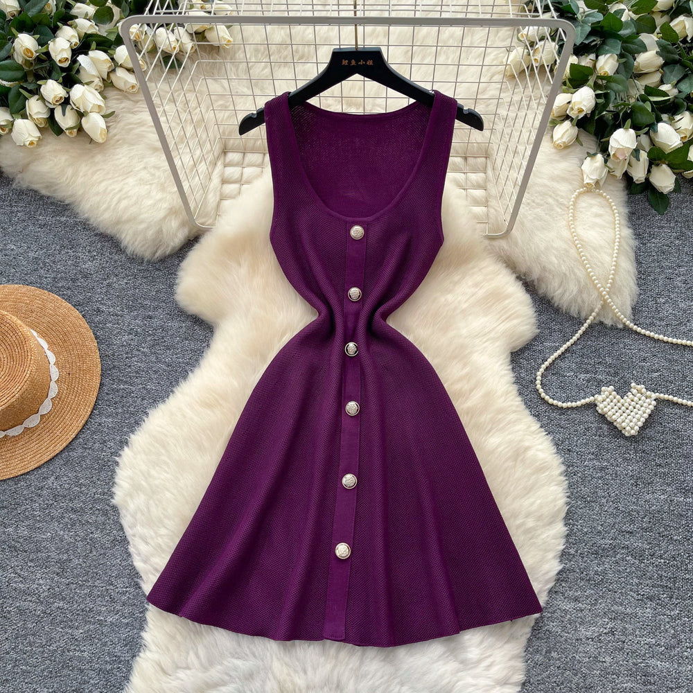 French chic sleeveless knit mini dress - summer a-line, slim fit, metallic buckle, purple, elegant
