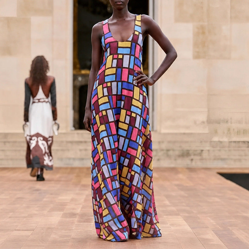 summer new women's fashion: european and american style cross-border dress - stylish and elegant geometric print slip maxi dress