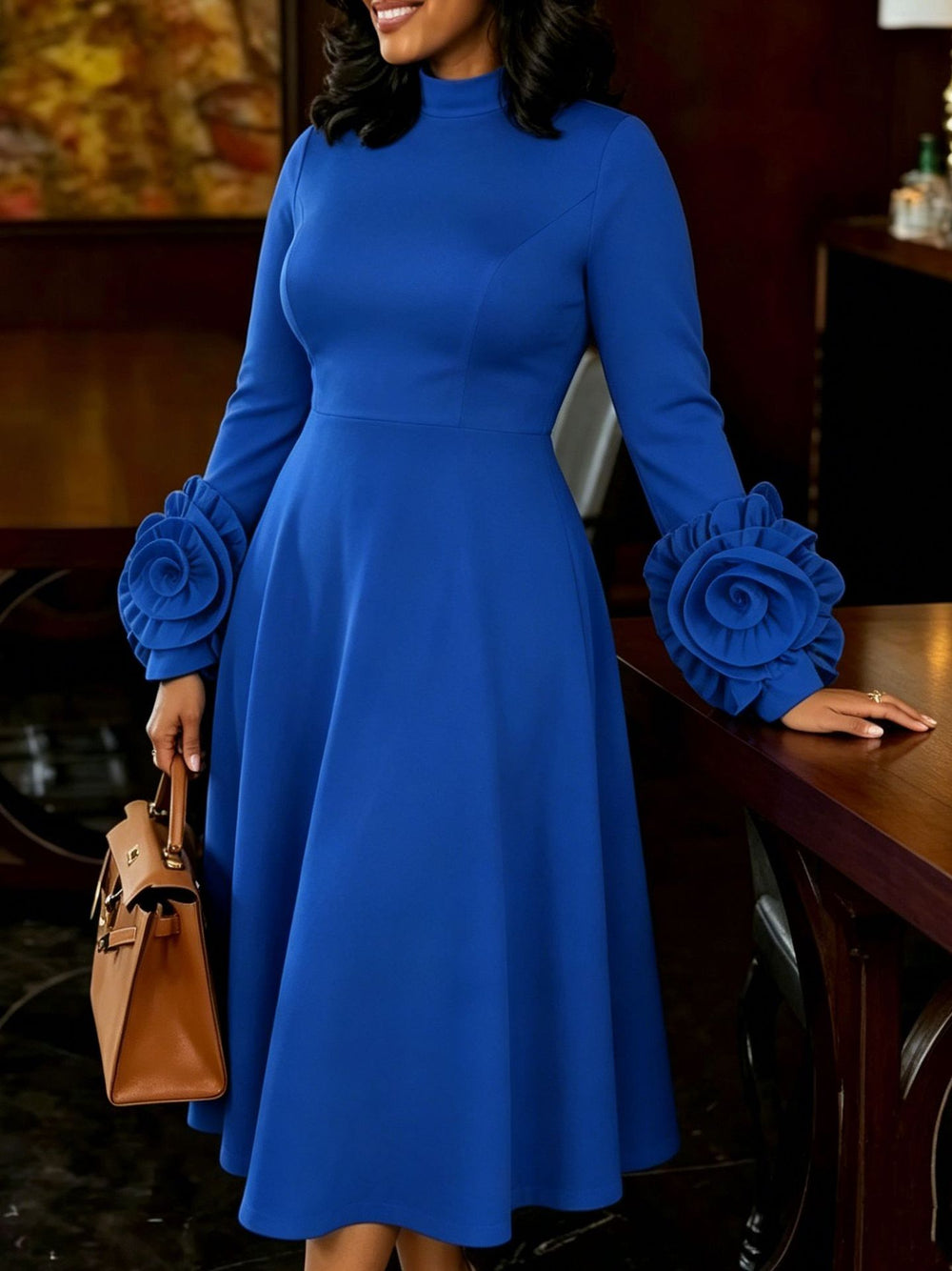 New plus size elegant midi a-line dress - mock neck, long sleeves, 3d floral sleeves, chic dress