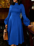 New plus size elegant midi a-line dress - mock neck, long sleeves, 3d floral sleeves, chic dress