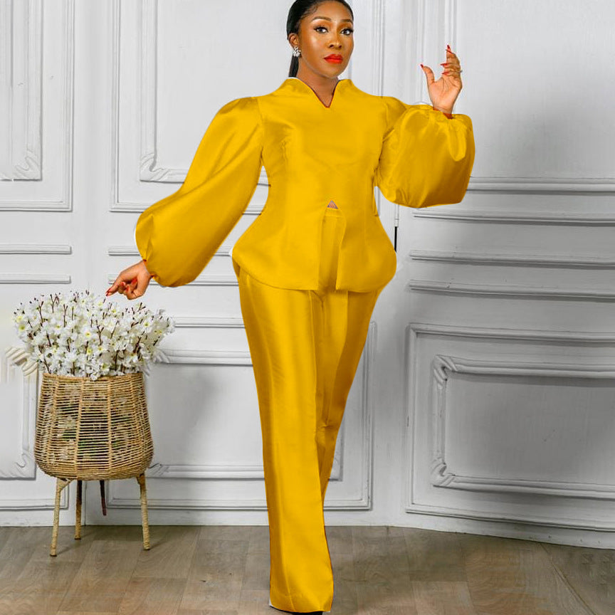 D3069  solid color bubble sleeve top and wide-leg pants two-piece set - european and american style fashion cross-border outfit