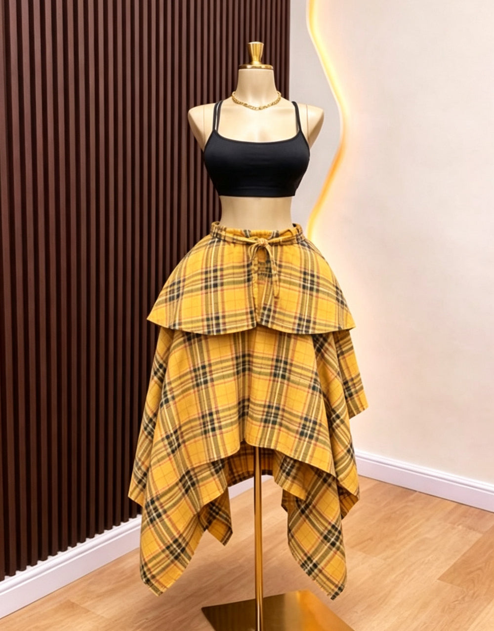 Colorful plaid elastic waistband free sizeasymmetrical hem large hem skirt tie backfashioneasiest for match