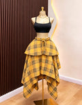 Colorful plaid elastic waistband free sizeasymmetrical hem large hem skirt tie backfashioneasiest for match