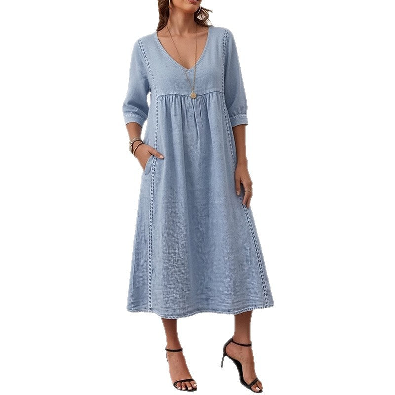 cross-border fashion: european & american style summer dresses - new arrivals. casual, loose-fit solid color v-neck pocket dress