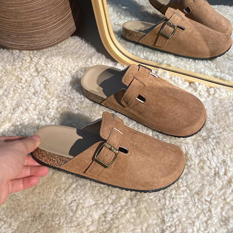 New arrival lazy shoes birkenstock slippers women's spring & fall home thick solenon-slipoutwearpure color toe-cap half slippers wholesale