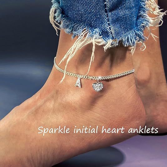 Amazon exquisite silver initial anklet - minimalist personalized letter anklet with cz heart cuban chain