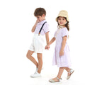 Wholesale children's clothing direct from the manufacturer: boys' preppy-style short-sleeved plaid shirt and suspender shorts set, dropshipping available