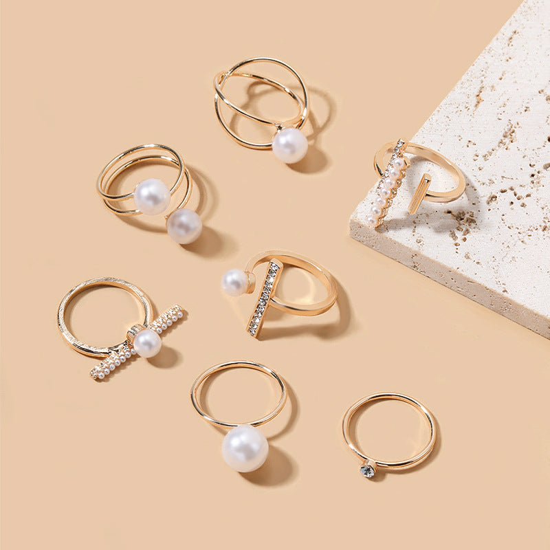Wholesale alloy rings: european & american cross-border jewelry, women's high-end fashion, french minimalist pearl stacking ring set
