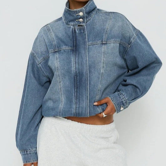 fashion style  spring autumretro washed stand collar casual denim jacketoutwearshortlong sleeves