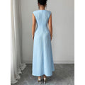 Women's summer new fashion elegant solid color textured fabric ruched waist sleeveless a-line maxi dress