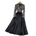High-end elegant women's dress - 2025 autumn french style mesh print long sleeve patchwork tie-waist maxi dress